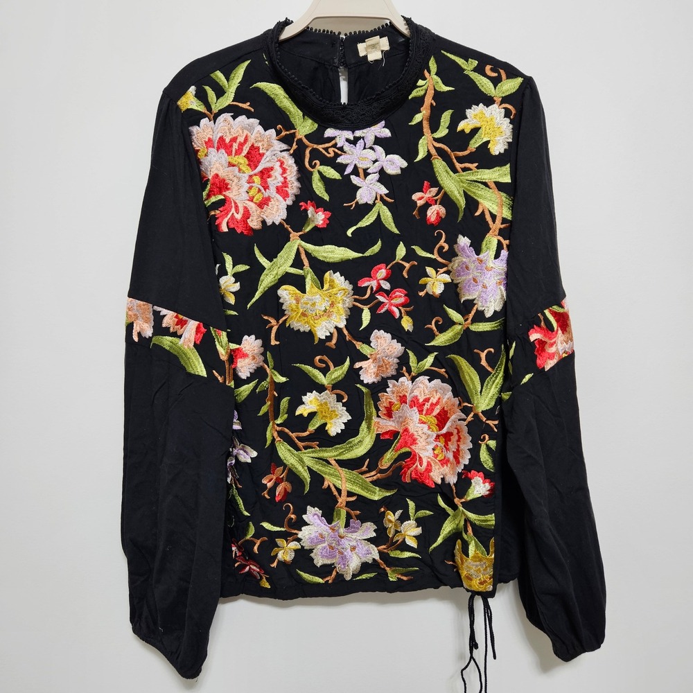 Anthropologie Tiny Floral Embroidered Knit Blouse Top Boho Balloon Sleeve 2X - Picture 3 of 13
